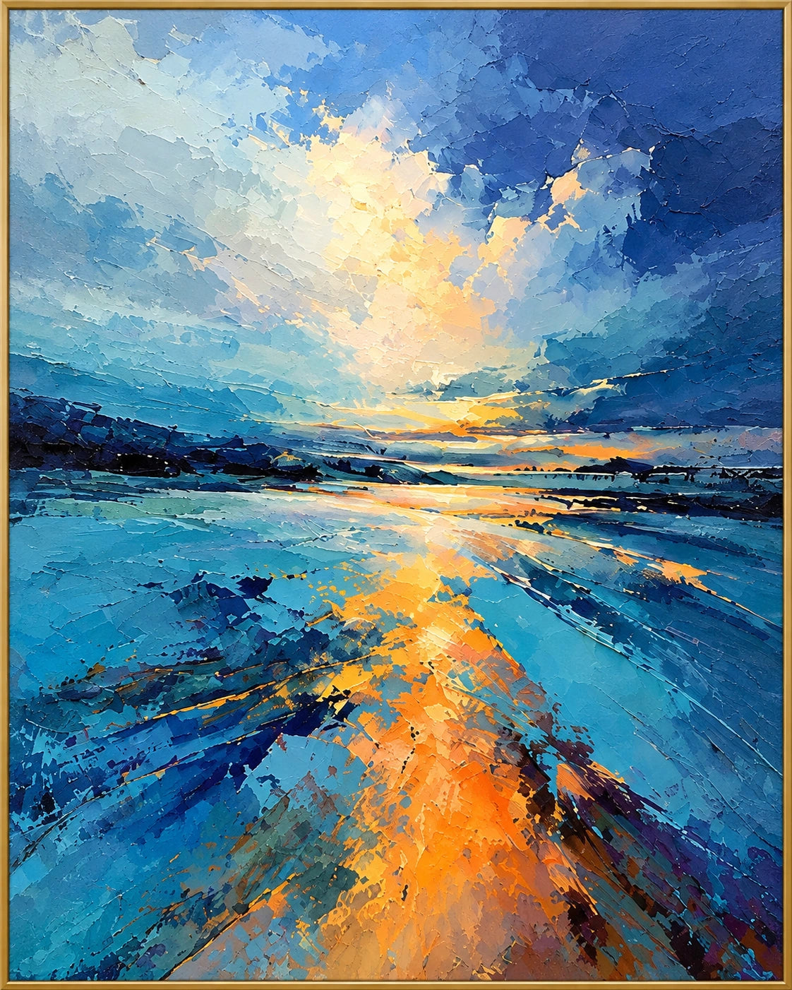 Solstice Tide | Hand-Painted Seascape Oil Painting | Complete artwork front view with narrow champagne gold fine frame