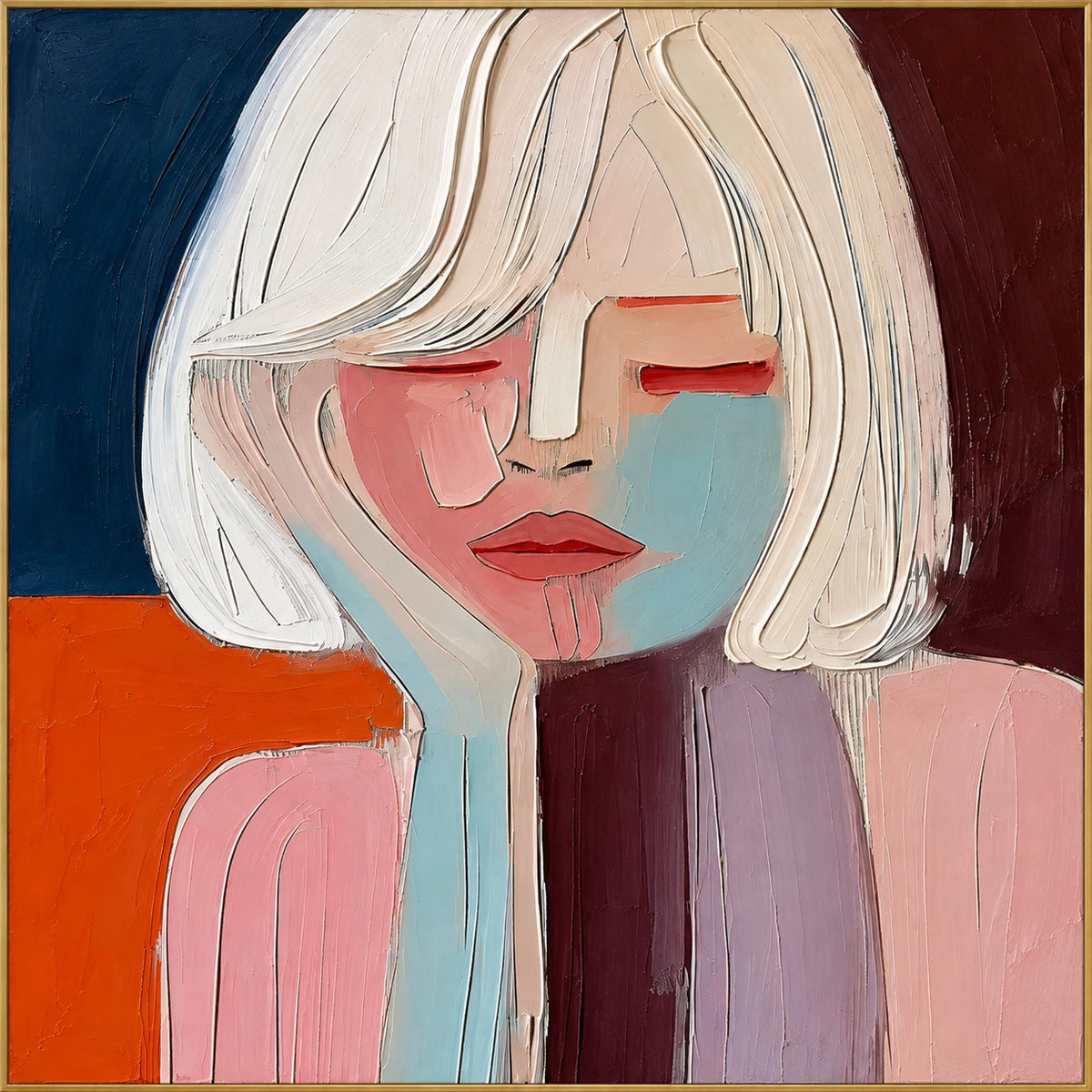 Rose and Blue | Hand-Painted Figurative Oil Painting | Complete artwork front view with narrow champagne gold fine frame