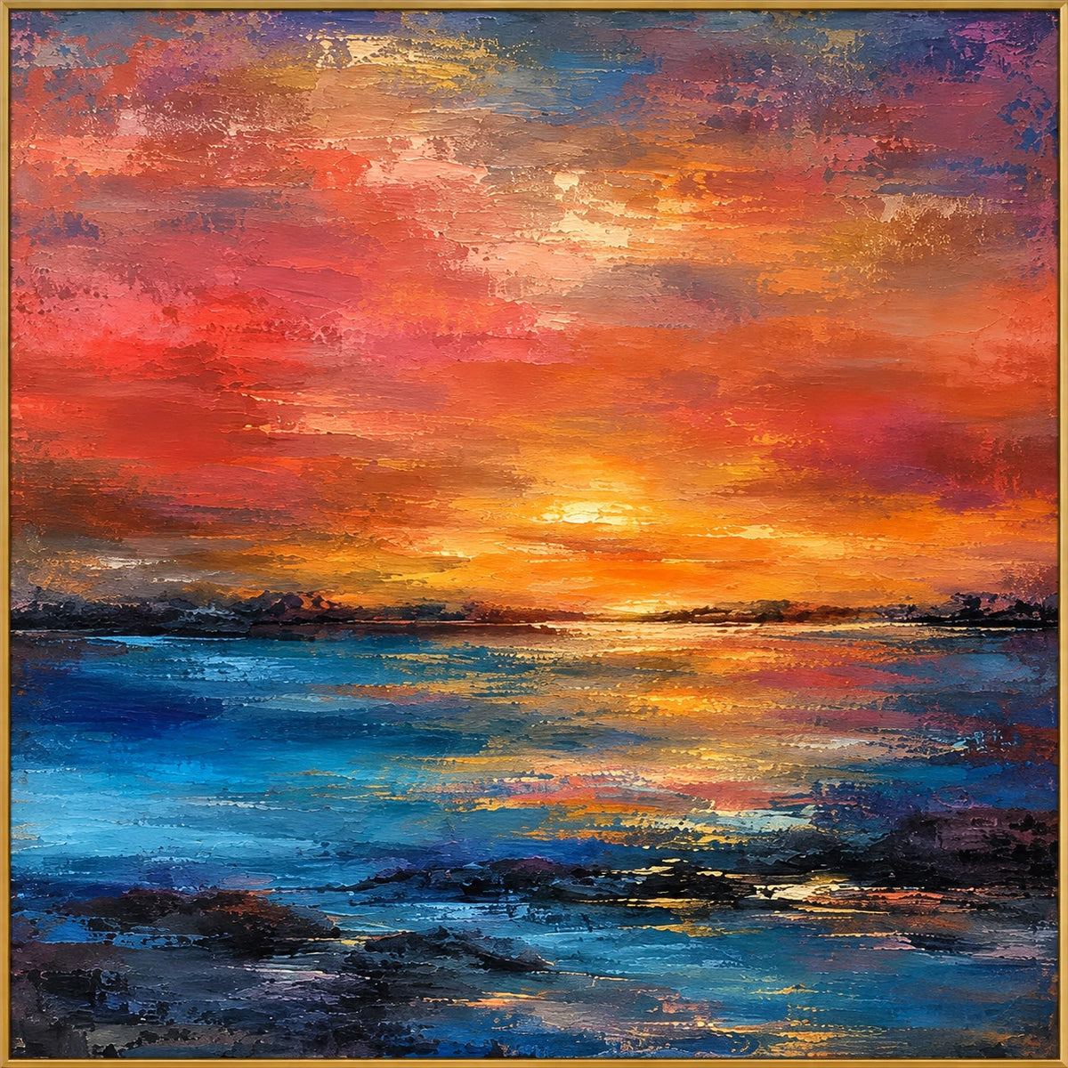 Vermilion Dusk | Hand-Painted Seascape Oil Painting | Complete artwork front view with narrow champagne gold fine frame