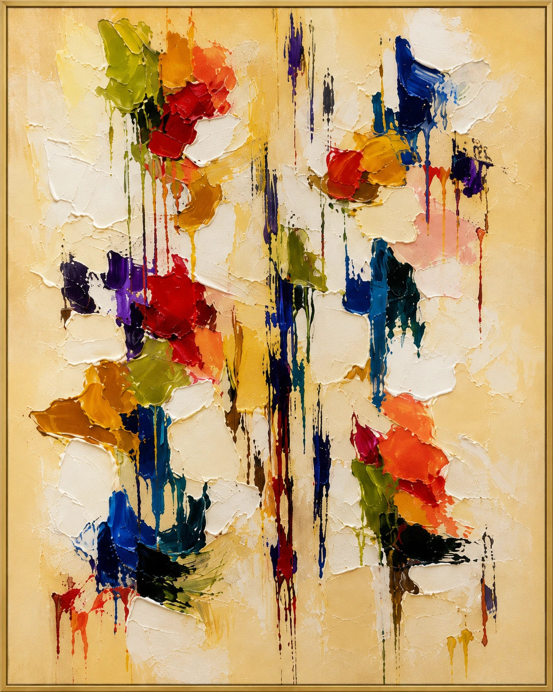 Color Rapture | Hand-Painted Abstract Oil Painting | Complete artwork front view with narrow champagne gold fine frame