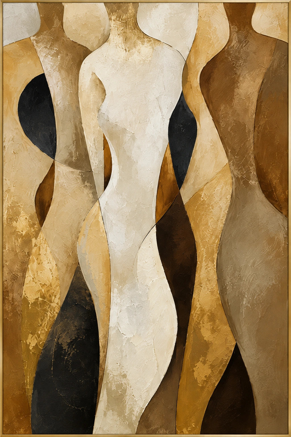 Walnut Ribbon | Hand-Painted Abstract Oil Painting | Complete artwork front view with narrow champagne gold fine frame