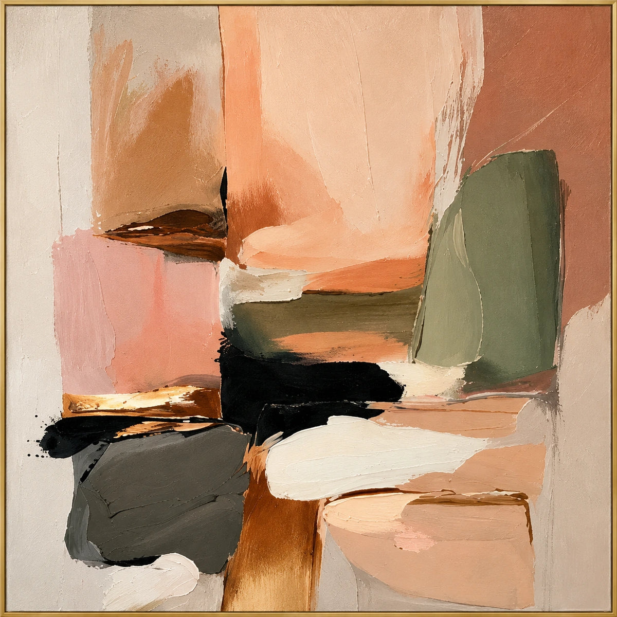 Peach and Sage | Hand-Painted Abstract Oil Painting | Complete artwork front view with narrow champagne gold fine frame