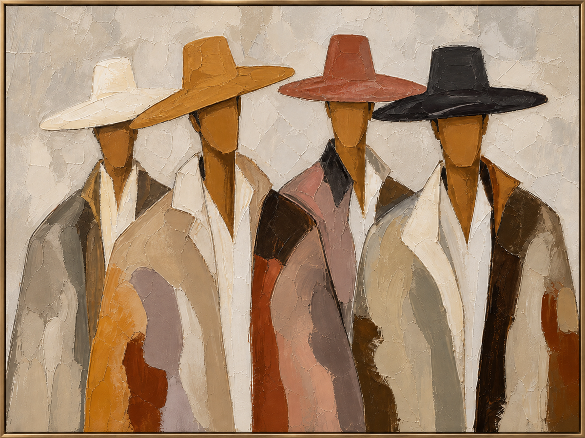 Western Quartet | Hand-Painted Western Group Portrait Oil Painting | Complete painting, narrow champagne bronze-gold frame, front view