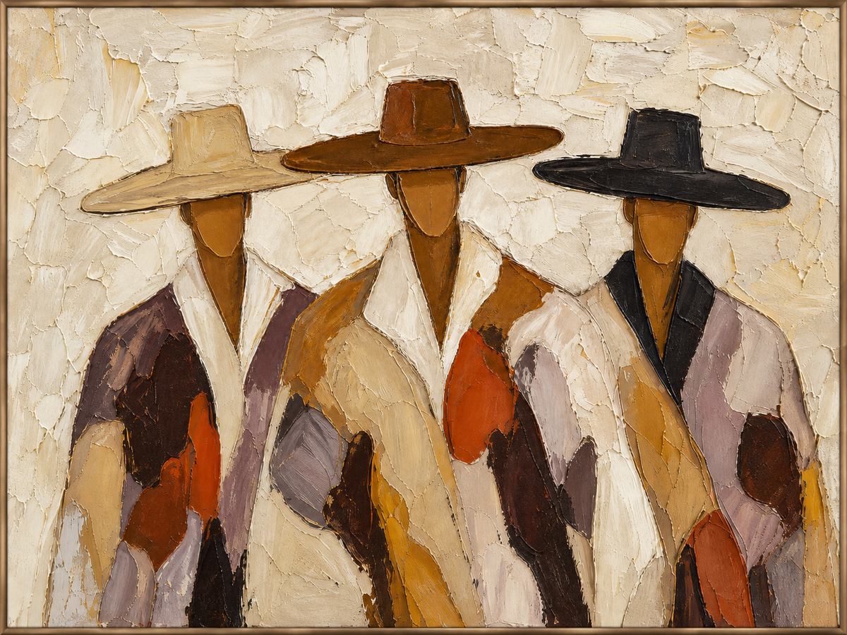 Western Trio | Hand-Painted Western Group Portrait Oil Painting | Complete painting, narrow champagne bronze-gold frame, front view