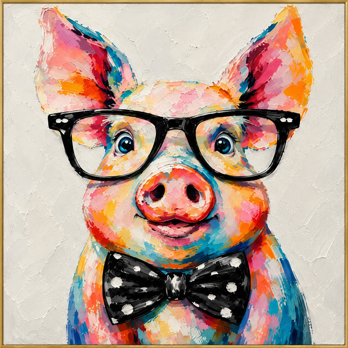Bow Tie Muse | Hand-Painted Animal Oil Painting | Complete artwork front view with narrow champagne gold fine frame