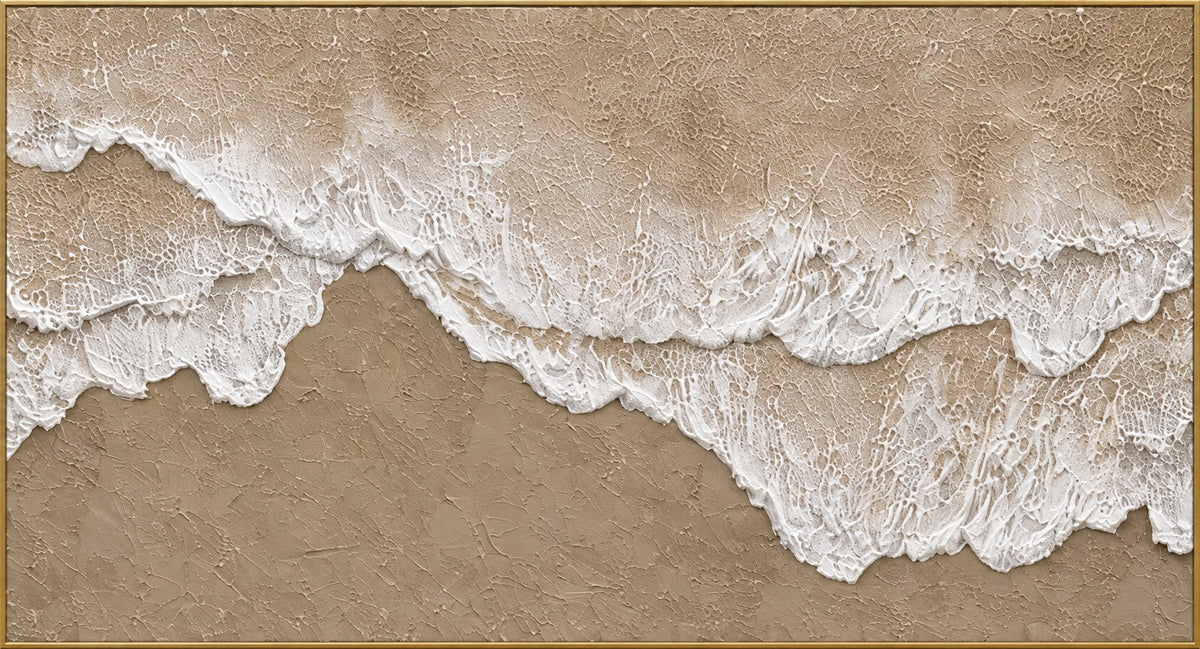 Sand and Surf | Hand-Painted Coastal Abstract Oil Painting | Complete artwork front view with narrow champagne gold fine frame