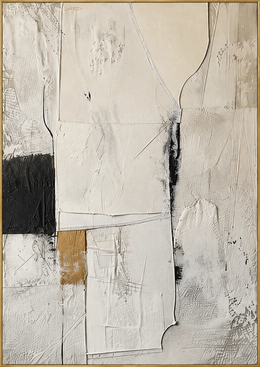 White Assemblage | Hand-Painted Abstract Oil Painting | Complete artwork front view with narrow champagne gold fine frame