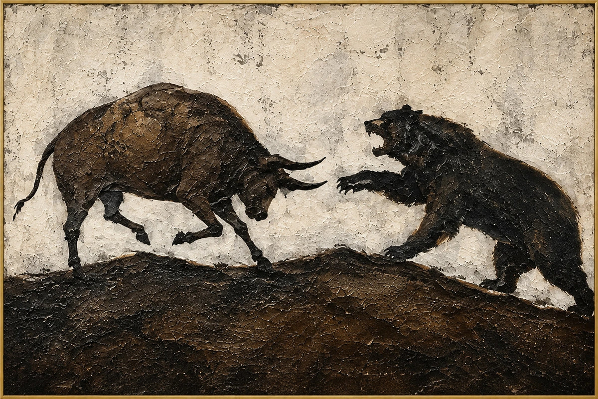 Wild Confrontation | Hand-Painted Wildlife Oil Painting | Complete artwork front view with narrow champagne gold fine frame