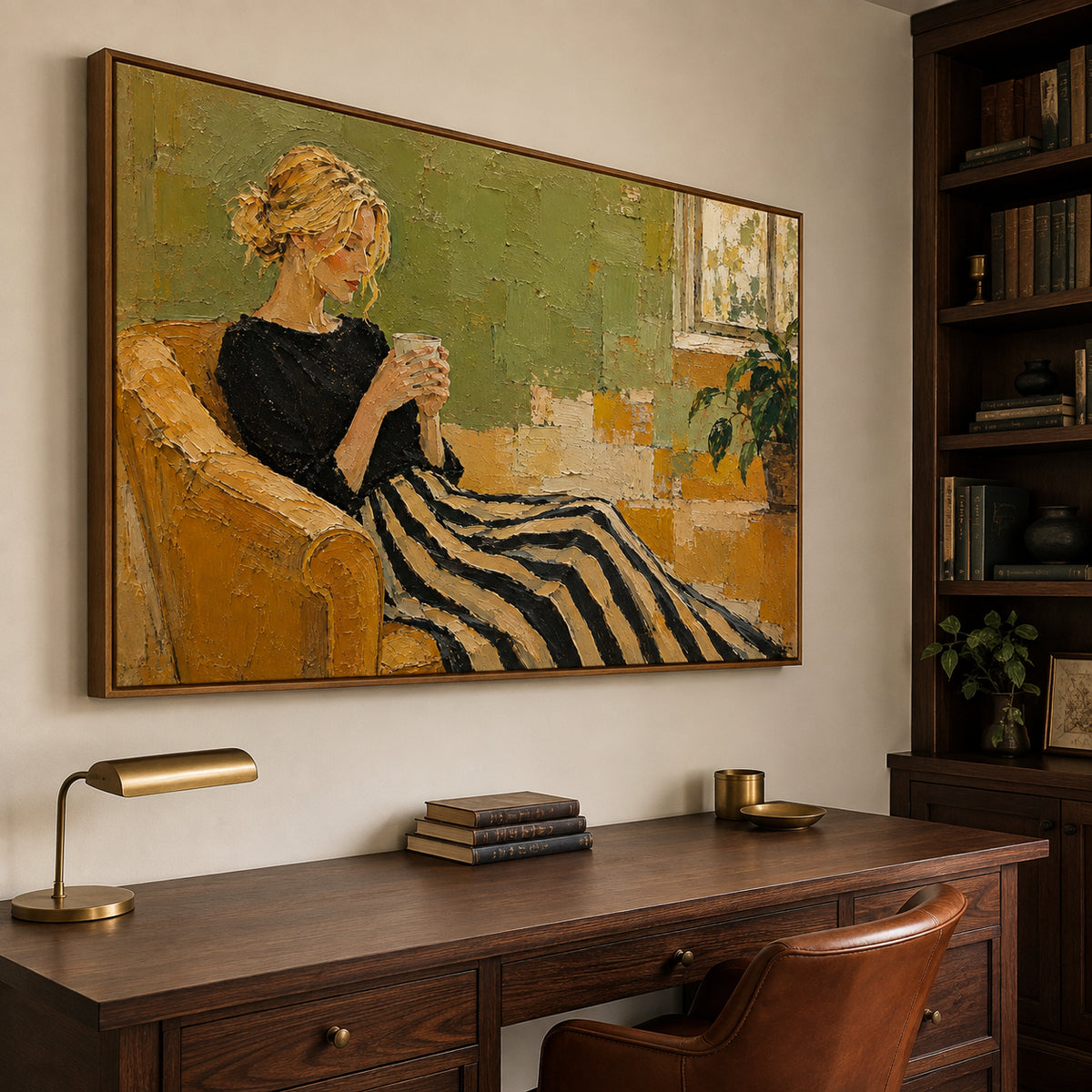 Slow Morning — Woman on a Striped Sofa oil painting, view 3