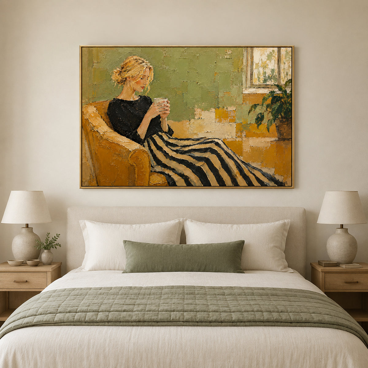 Slow Morning — Woman on a Striped Sofa oil painting, view 4