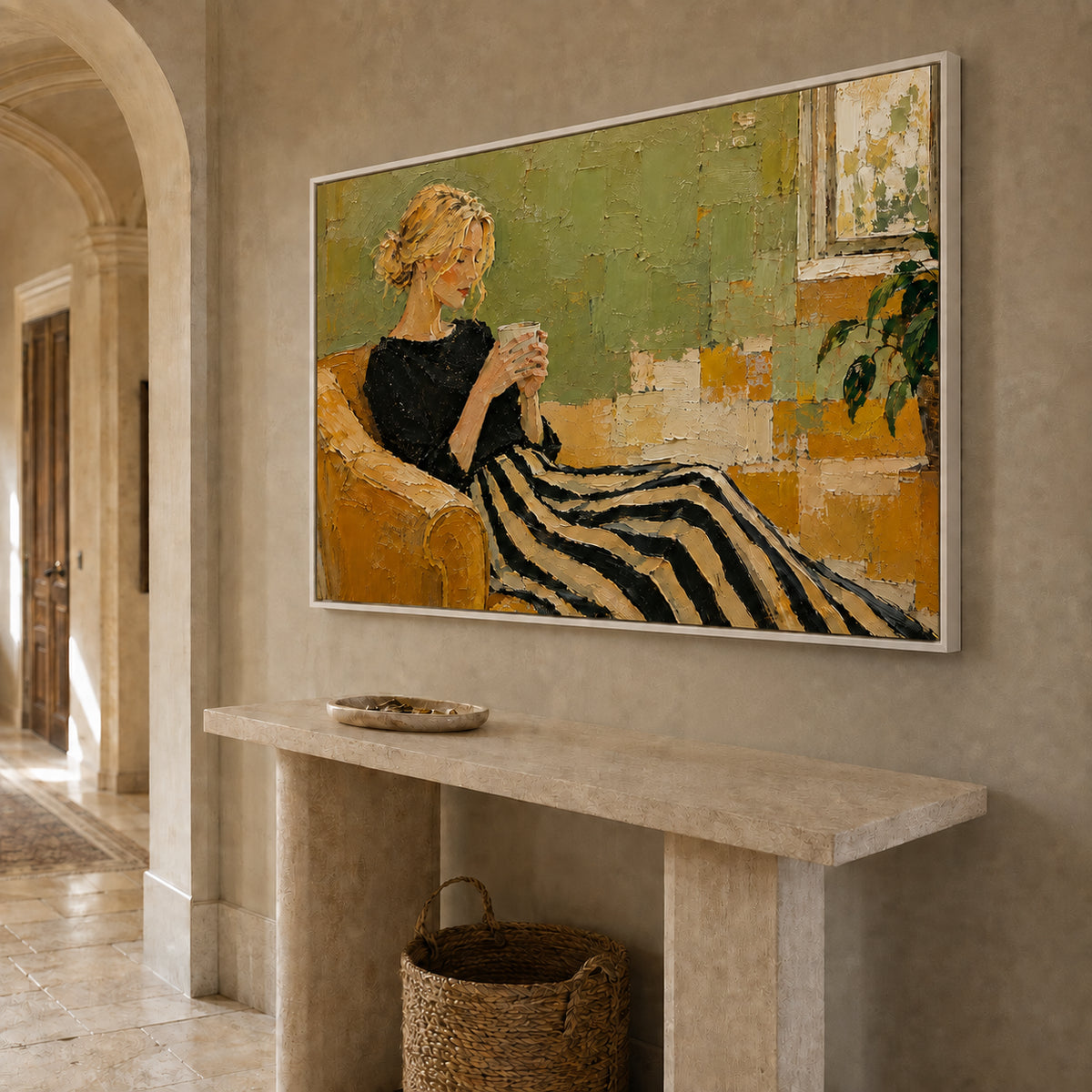 Slow Morning — Woman on a Striped Sofa oil painting, view 6