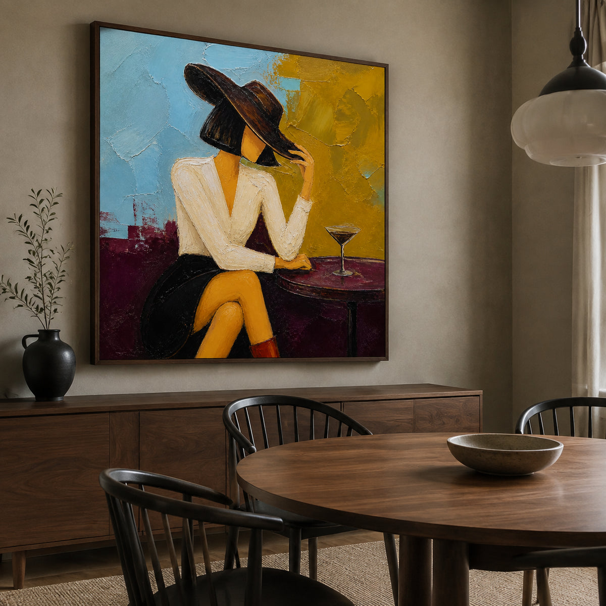 Cocktail Hour — Woman in a Black Hat oil painting, view 2