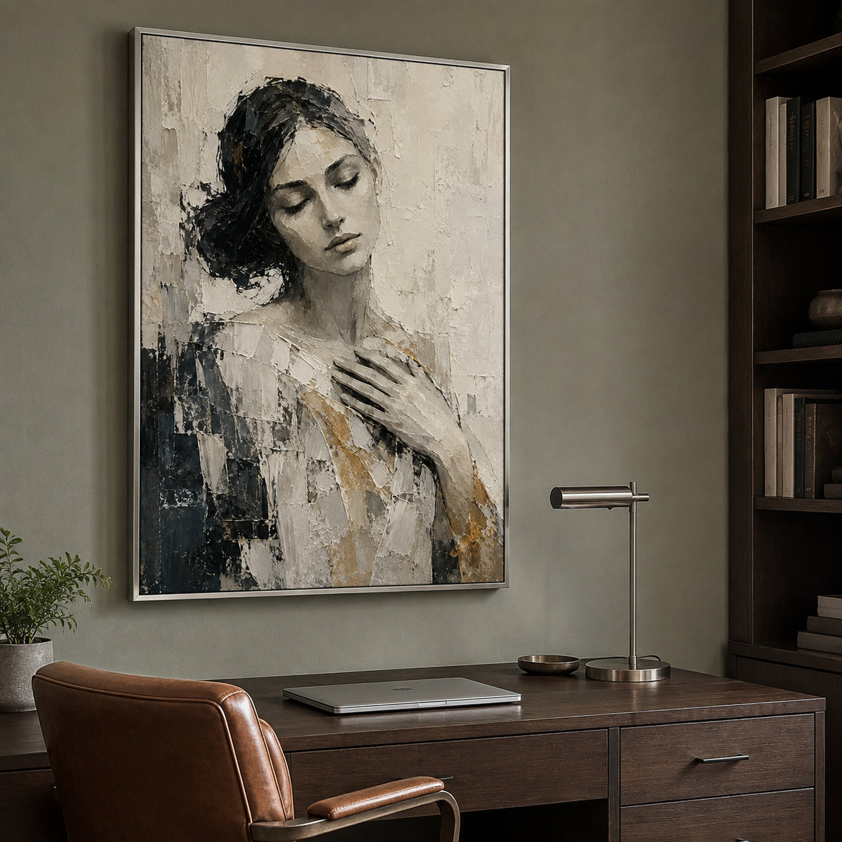 Graphite Muse — Monochrome Woman Portrait oil painting, view 3