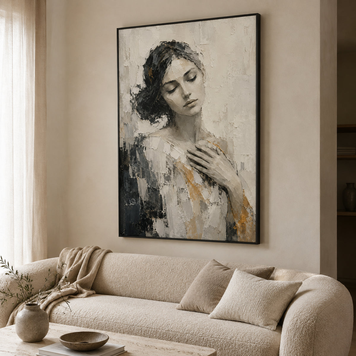 Graphite Muse — Monochrome Woman Portrait oil painting, view 5
