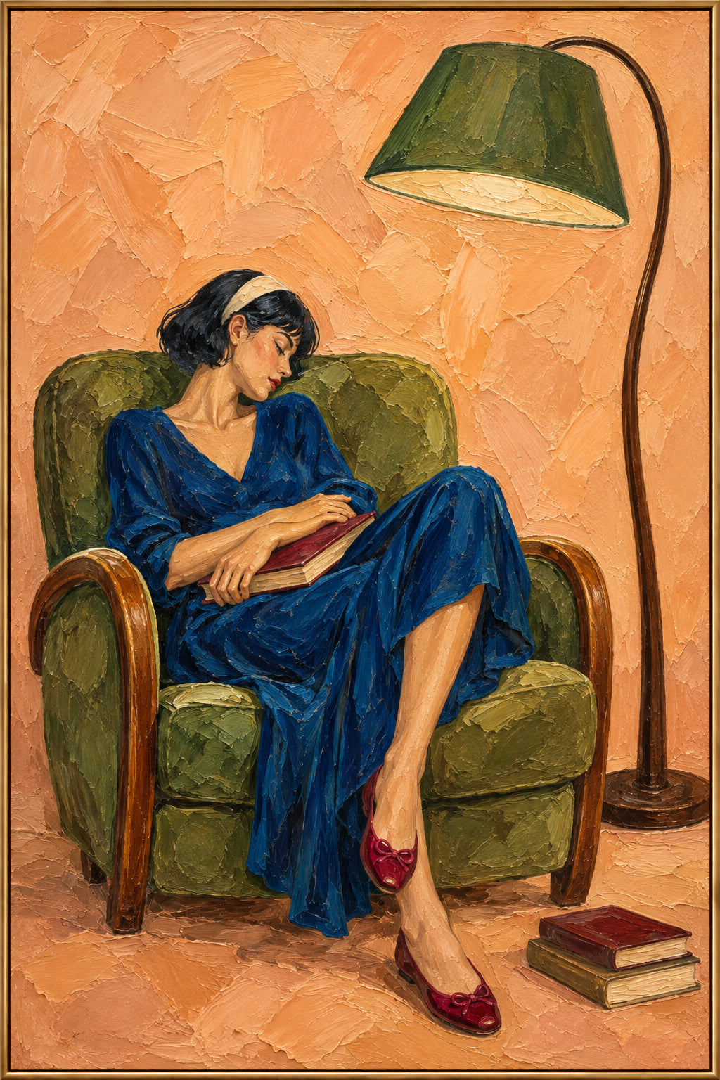 Reading Chair — Woman Reading in a Green Chair oil painting, view 1