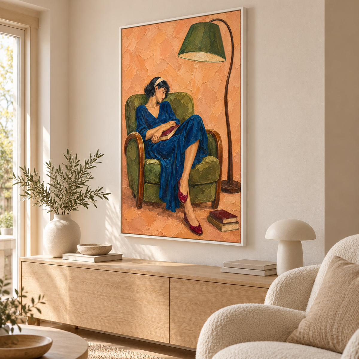 Reading Chair — Woman Reading in a Green Chair oil painting, view 6