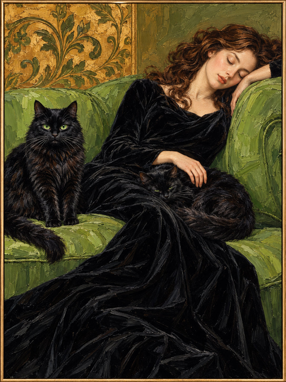 Velvet Dreams — Woman with a Black Cat oil painting, view 1