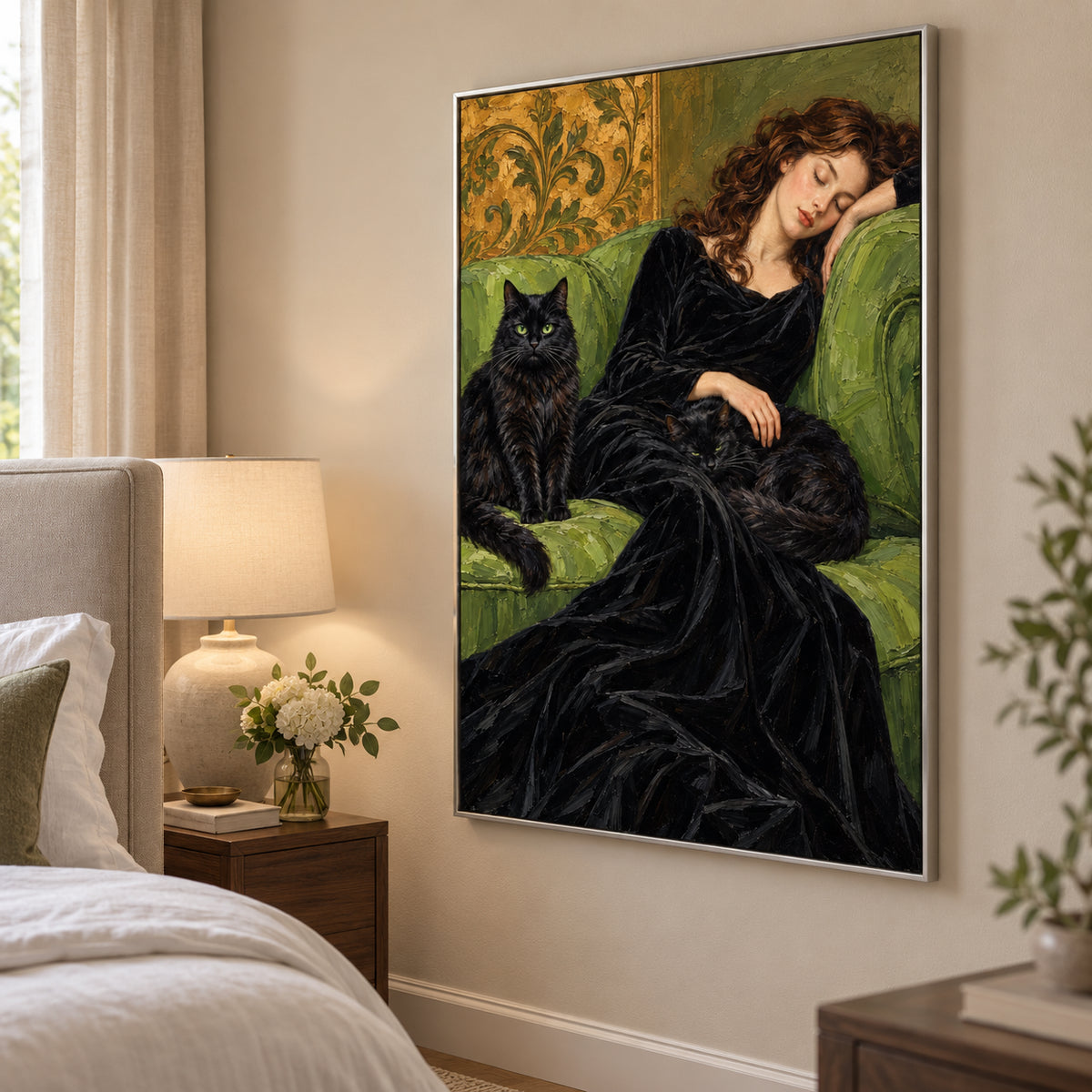 Velvet Dreams — Woman with a Black Cat oil painting, view 4