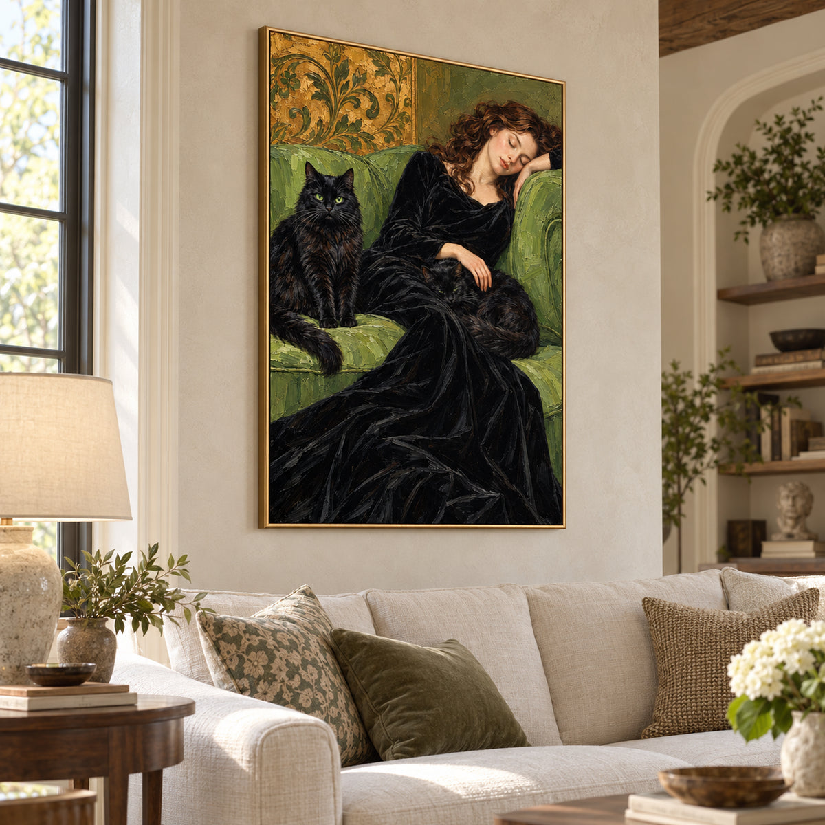 Velvet Dreams — Woman with a Black Cat oil painting, view 5