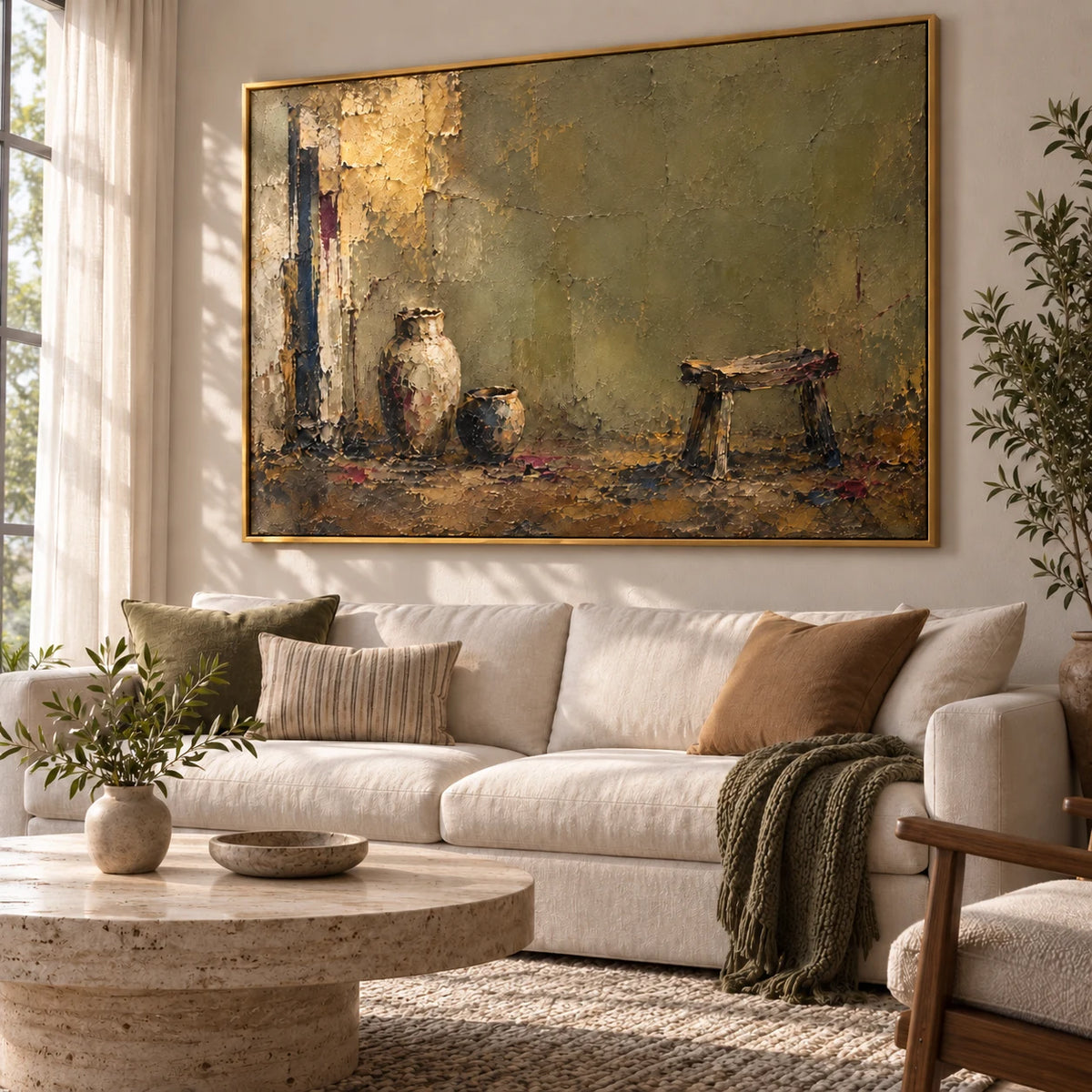 Olive Stillness in a gold frame above a cream sofa, viewed from the right