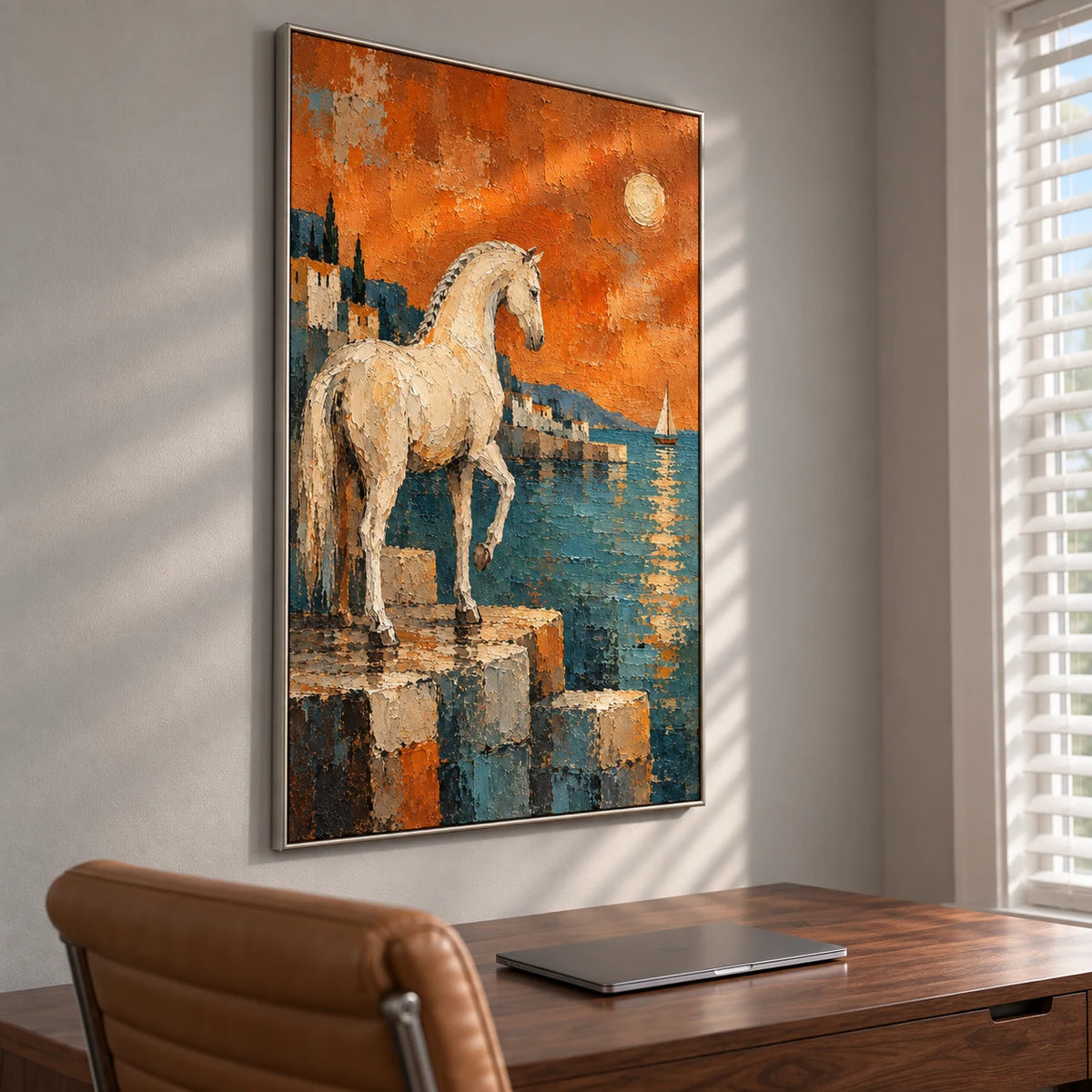 Ember Tide in a silver frame above a walnut desk in a home study, viewed from the left