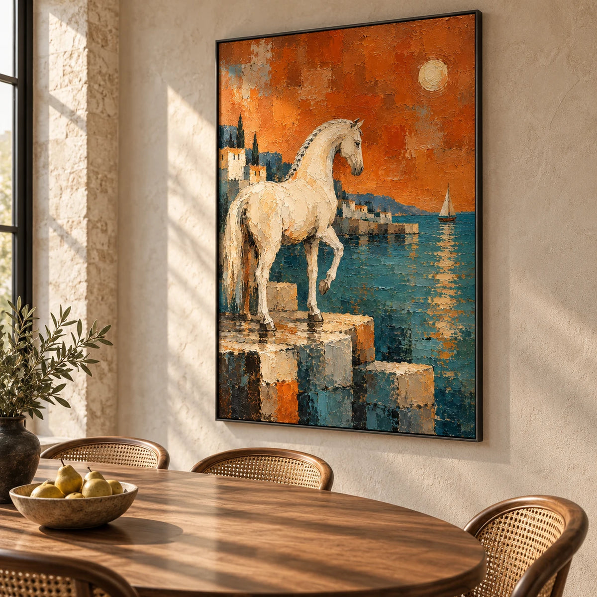 Ember Tide in a black frame above a wooden dining table, viewed from the right
