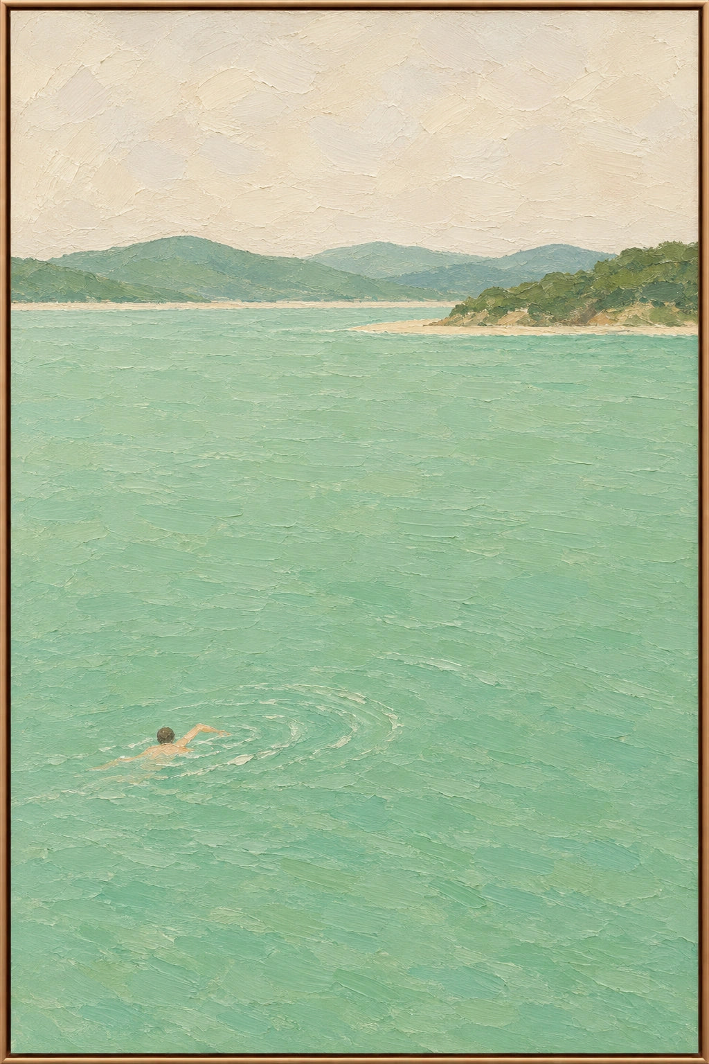 Green Wake, vertical jade coastal oil painting with a lone swimmer and distant hills