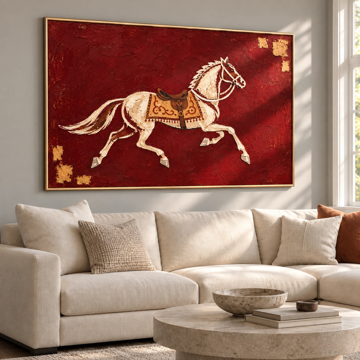 Burgundy Surge, ivory horse and ochre saddle against textured burgundy, living room, left view