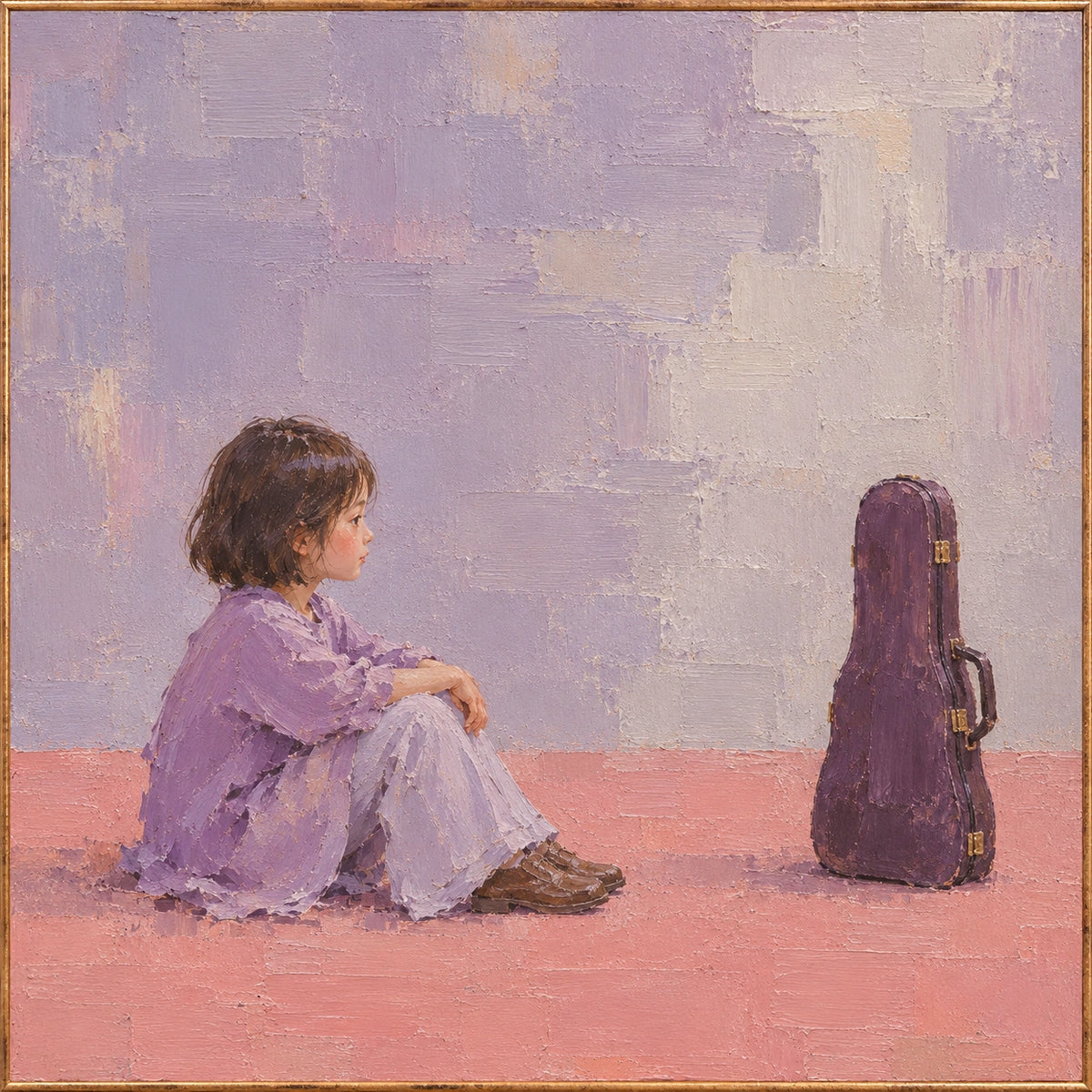 Unplayed Notes, square figurative oil painting of a seated child in lilac beside a closed violin case