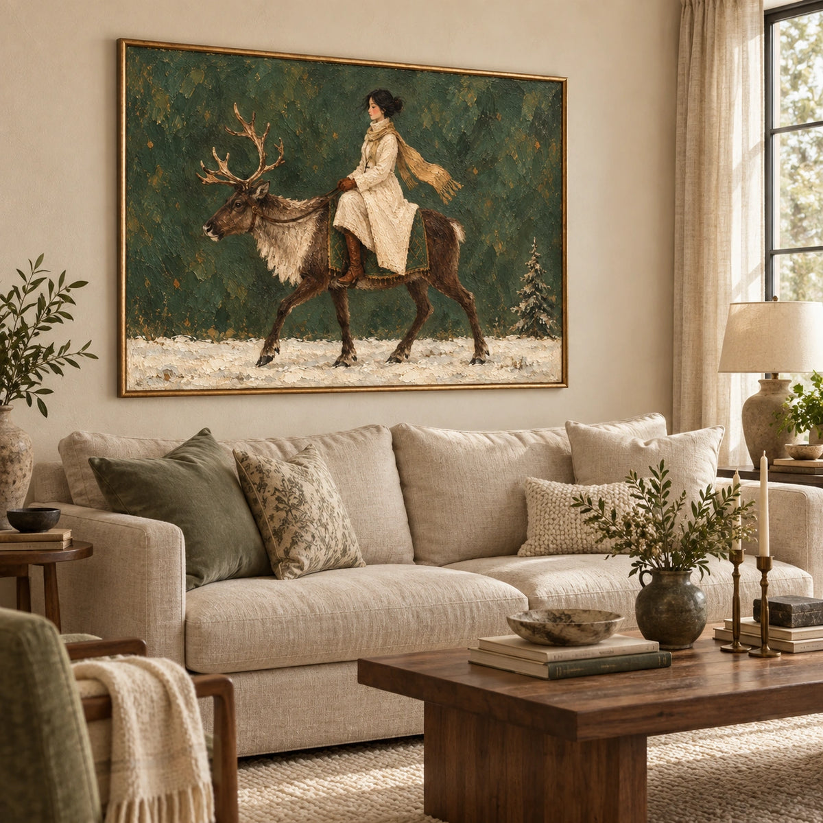 Winter Green, rider and reindeer painting displayed in a living room, left view