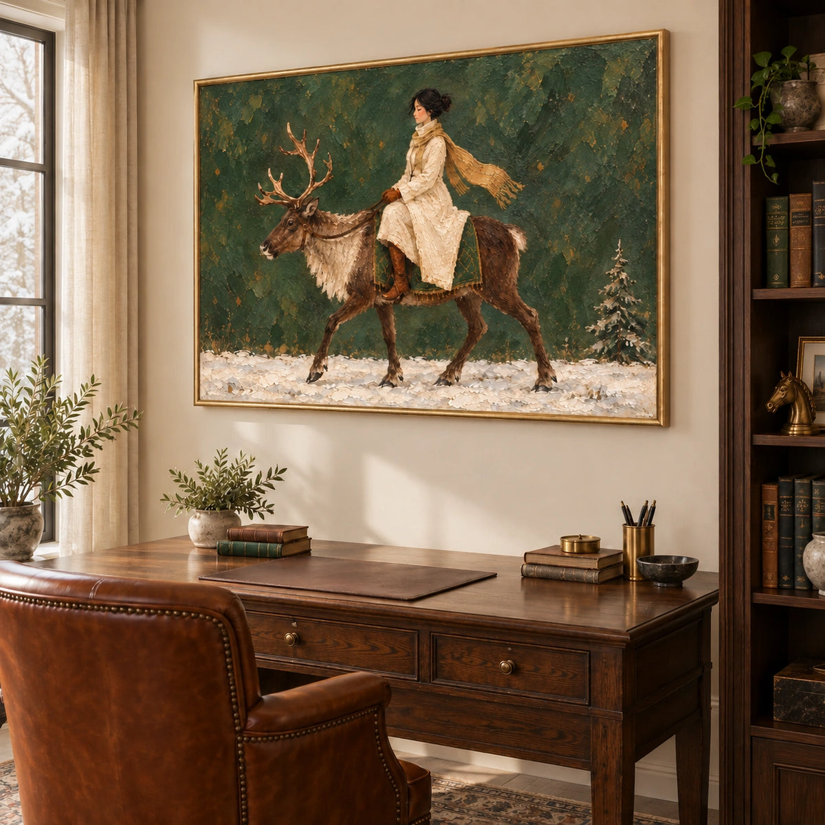 Winter Green, rider and reindeer painting displayed in a study, right view