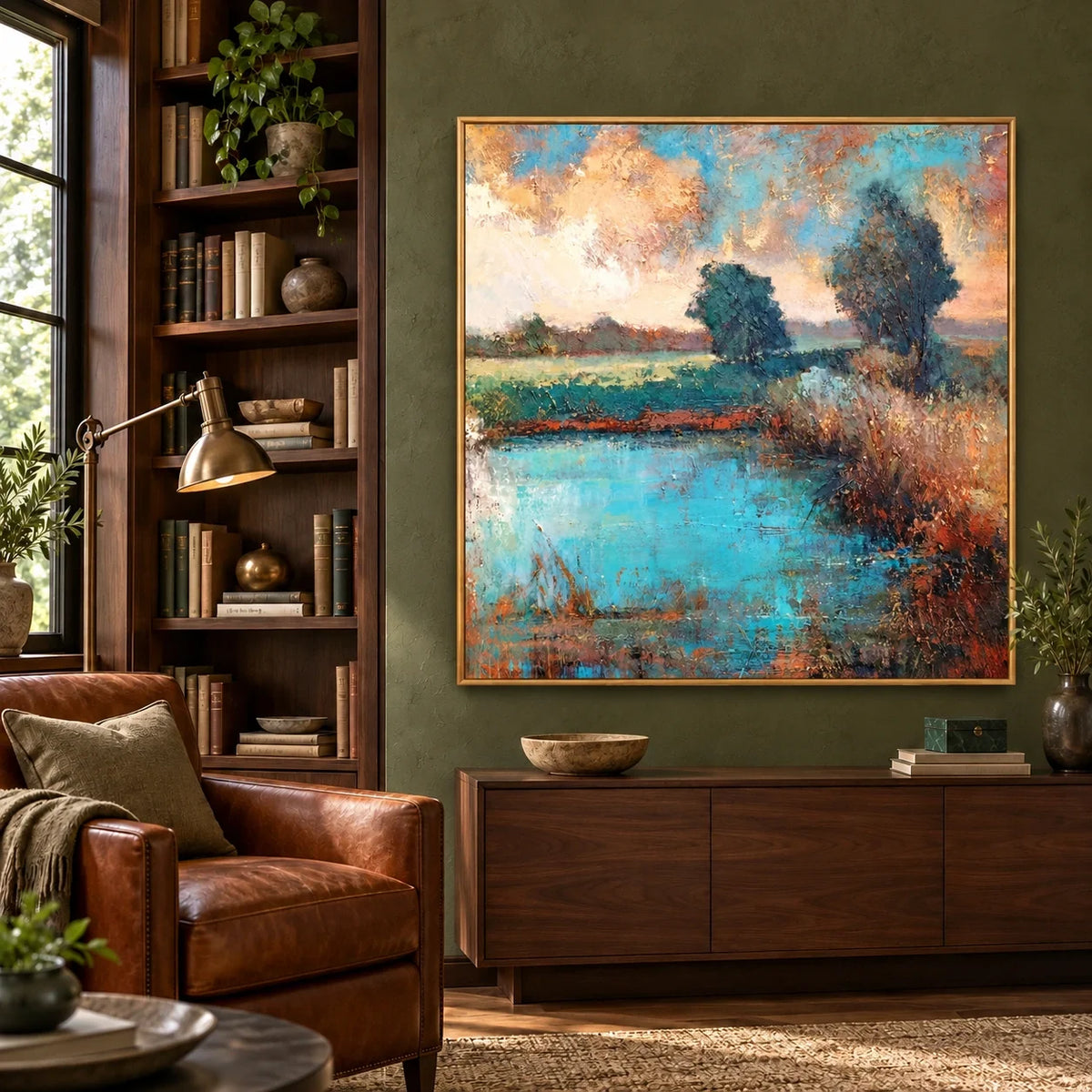 Turquoise Stillwater above a walnut cabinet in an olive library, with natural wall-aligned framing and a gentle left room view.