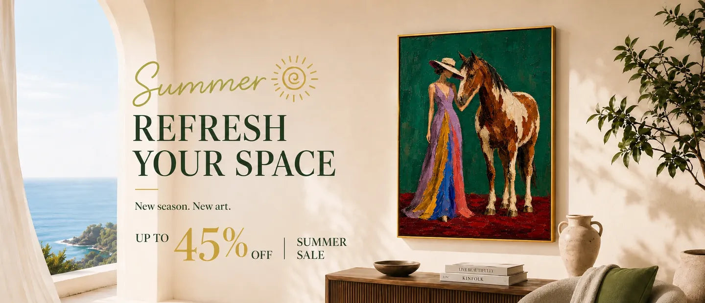 Warm contemporary room styled with hand-painted oil artwork