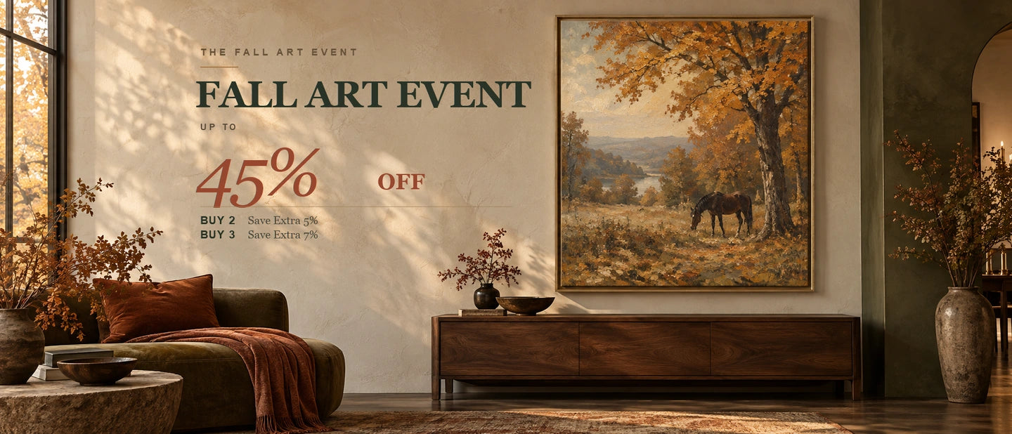 Sunlit autumn gallery interior with a framed hand-painted oil landscape