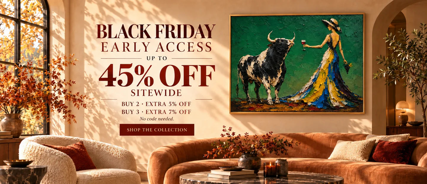 Black Friday in a warm autumn living room, featuring the selected painting of a bull and a woman holding a wine glass against a green background.