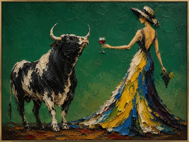 Woman and Bull — a woman in a yellow-and-blue gown offers a glass of wine to a bull against a deep green background.