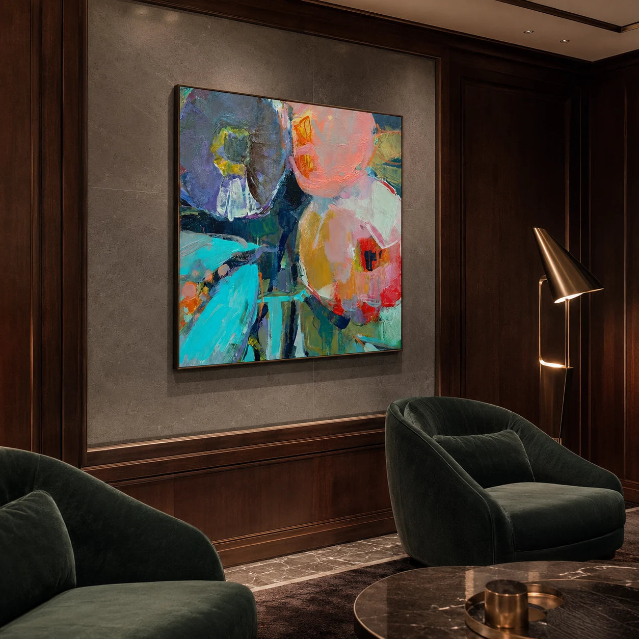 Confluence framed in a dark modern lounge