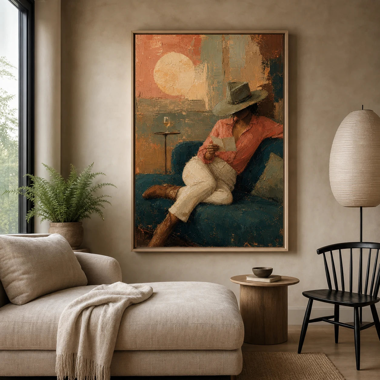 Letter at Sundown - straight-on front view of the vertical Western oil painting