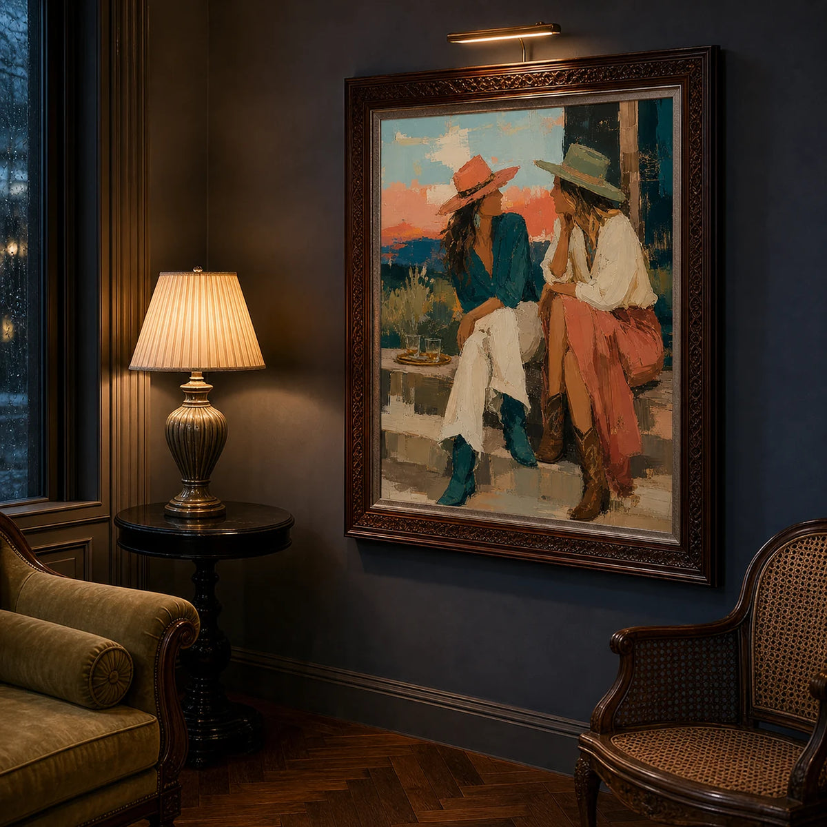 Two in Conversation displayed from a right 45-degree room angle