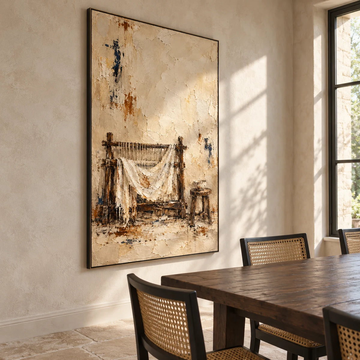 Threads of Stillness displayed in a dining room, viewed from the left