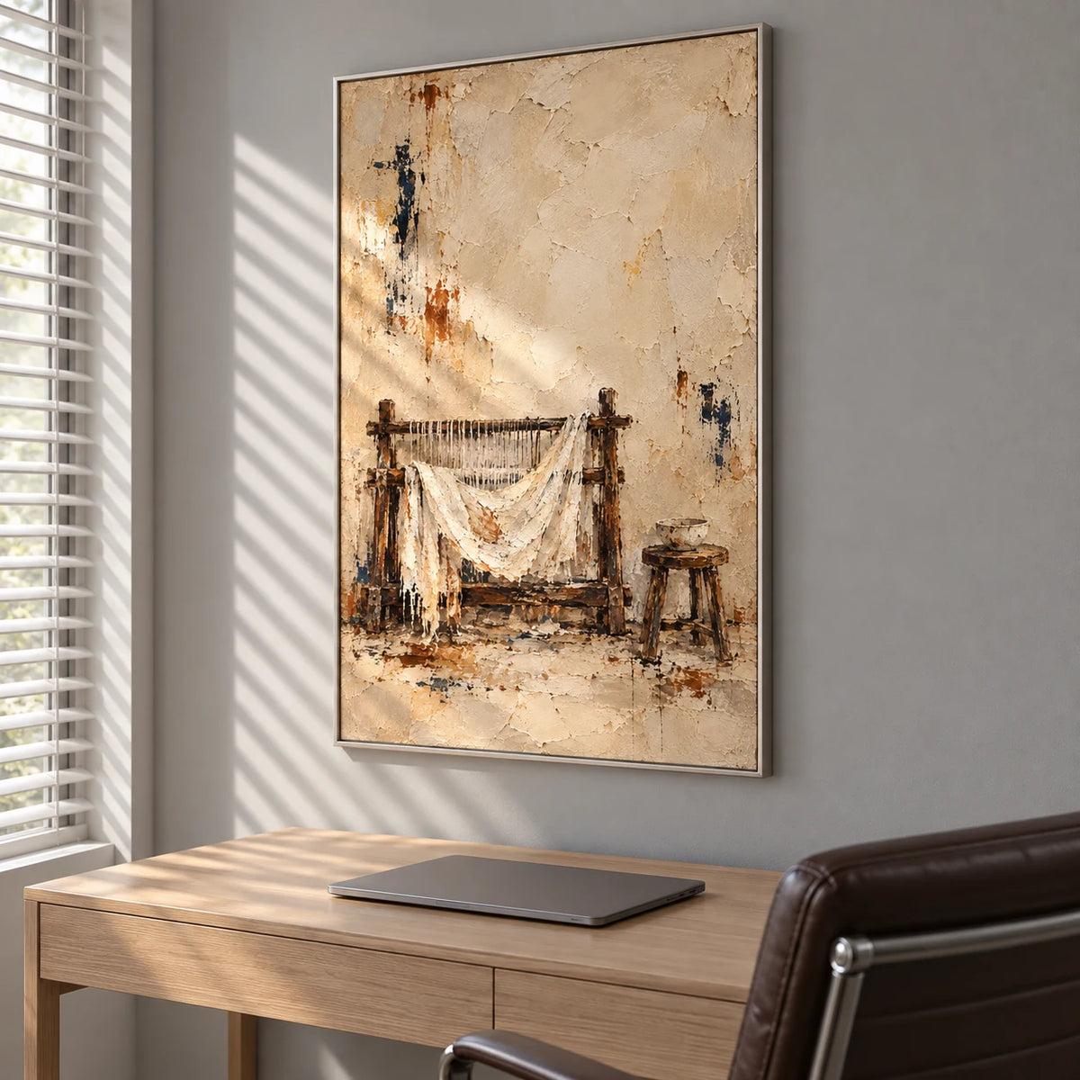 Threads of Stillness displayed in a home study, viewed from the right