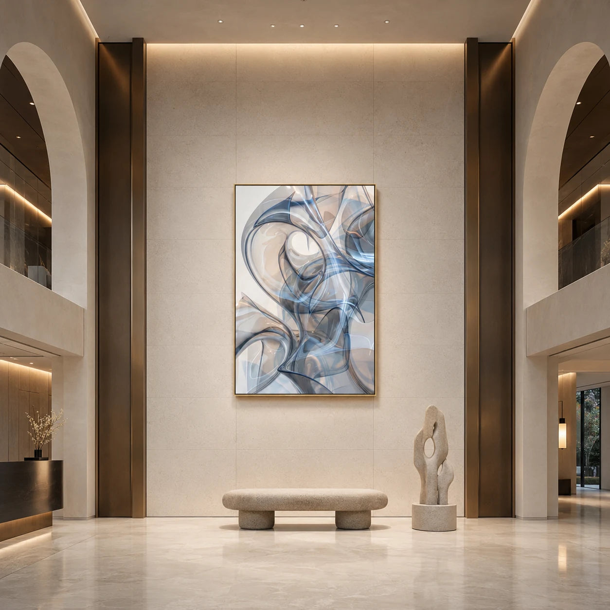 Lucent Fold - hand-painted vertical oil painting in a styled interior