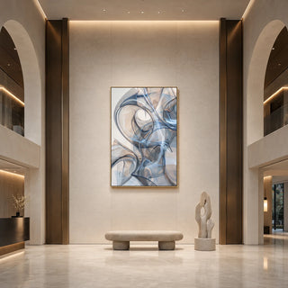 Glasswater Motion - hand-painted vertical oil painting in a styled interior