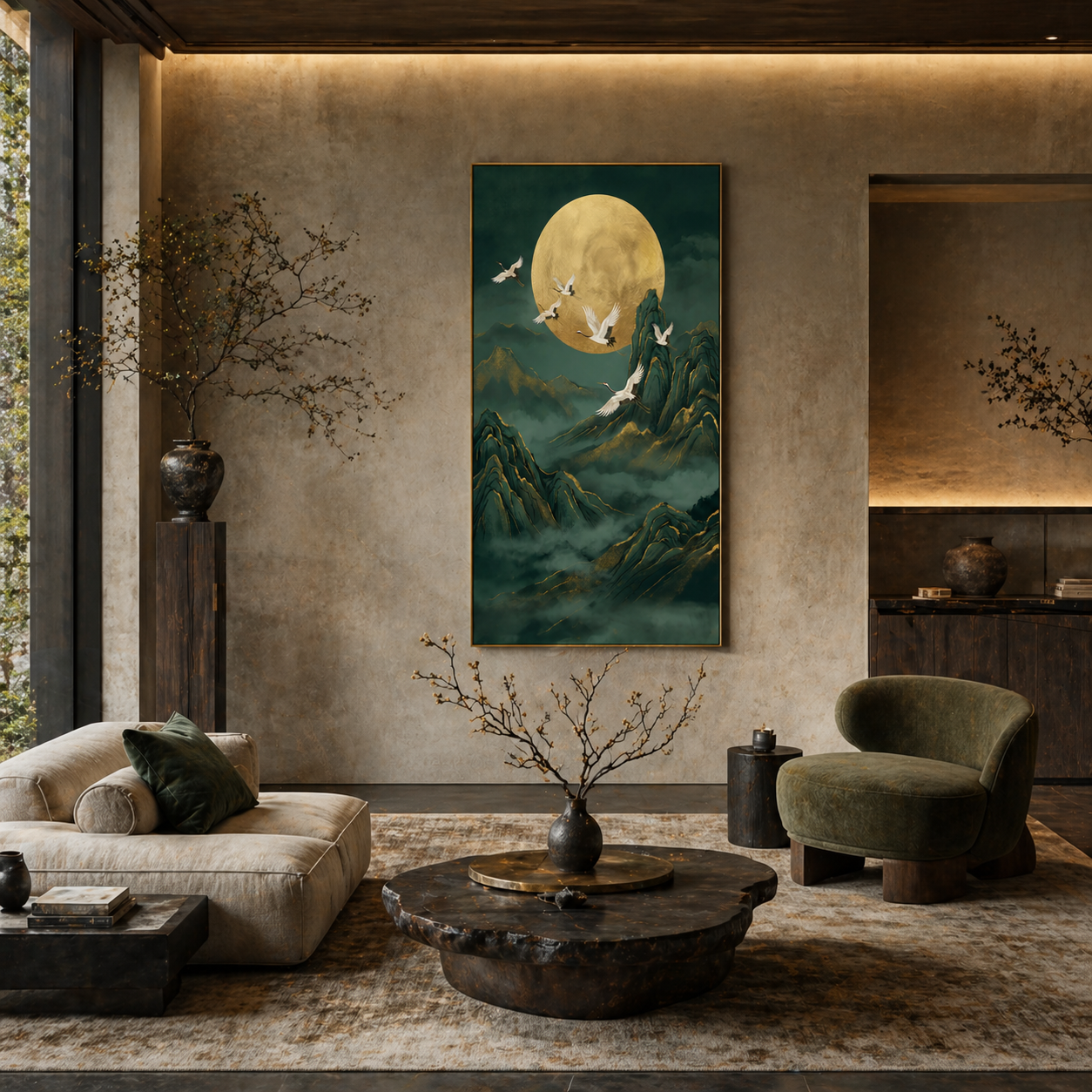 Moonlit Cranes - hand-painted animal oil painting on canvas detail 2 by Realoilart