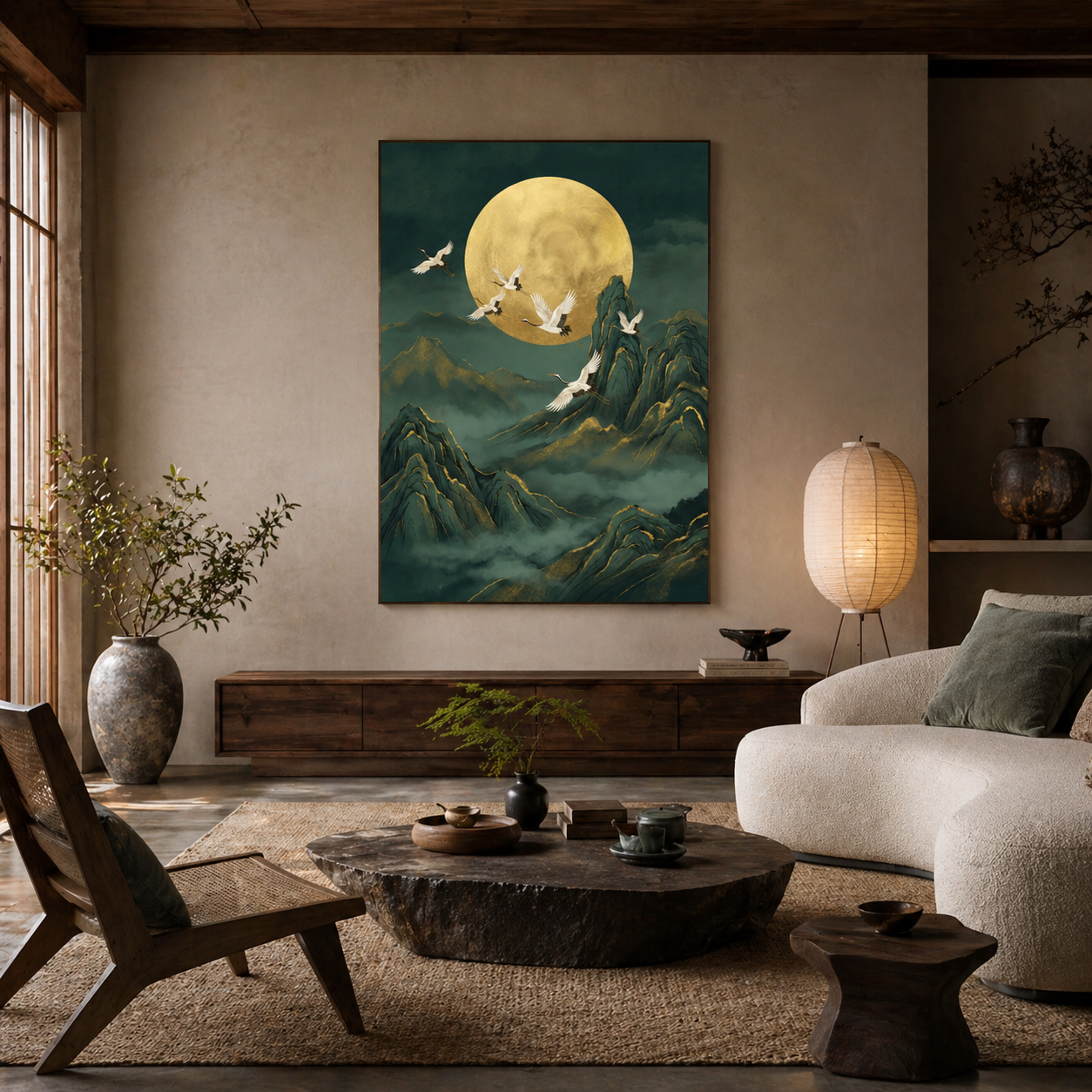 Moonlit Cranes - hand-painted animal oil painting on canvas by Realoilart