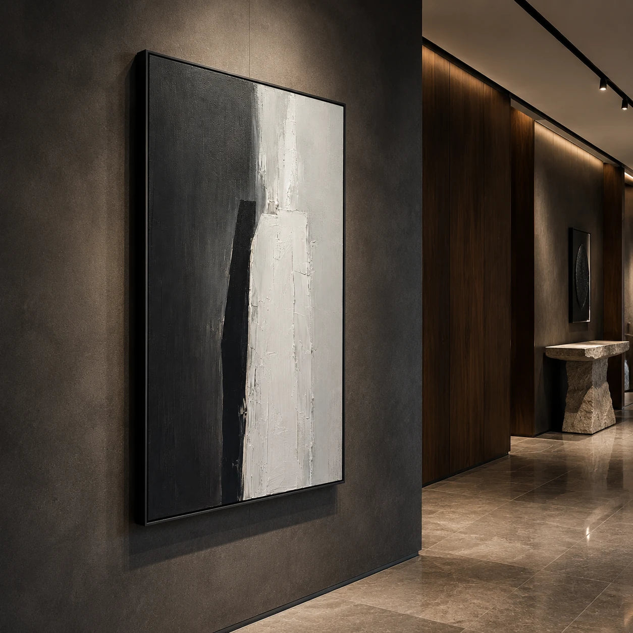 Monochrome Threshold - hand-painted abstract oil painting in a styled interior