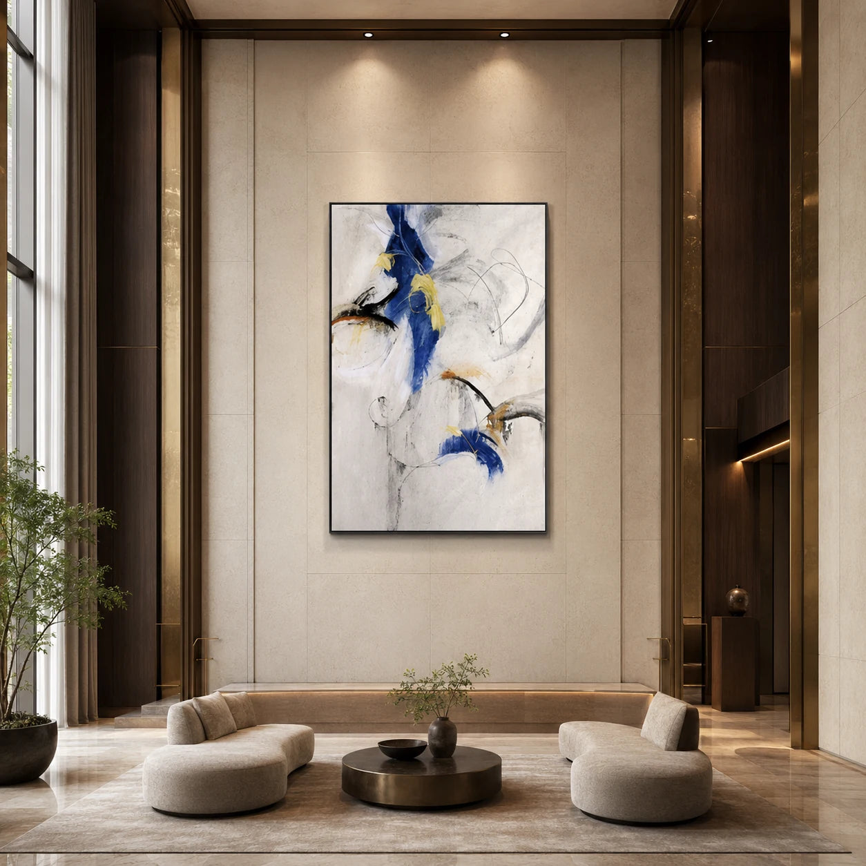Blue Fugue - hand-painted abstract oil painting in a styled interior