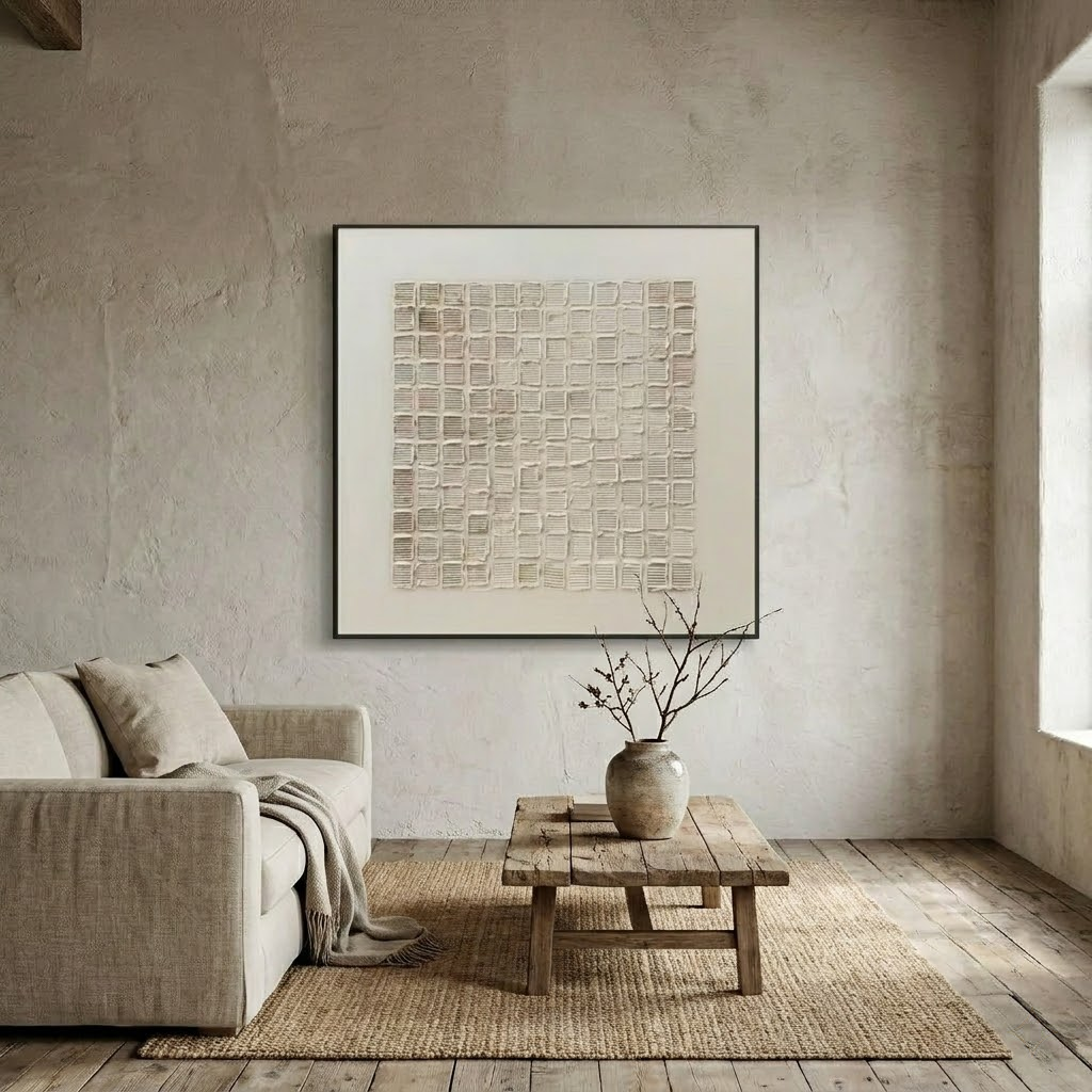 Quiet Grid - hand-painted abstract oil painting on canvas by Realoilart