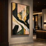 Verdant Interlace - hand-painted vertical oil painting in a styled interior