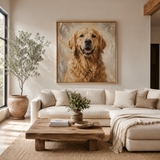 Custom pet oil painting hanging in modern Scandinavian living room, Golden Retriever portrait above a sofa